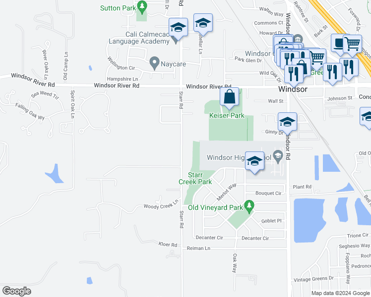 map of restaurants, bars, coffee shops, grocery stores, and more near 8980 Starr Road in Windsor