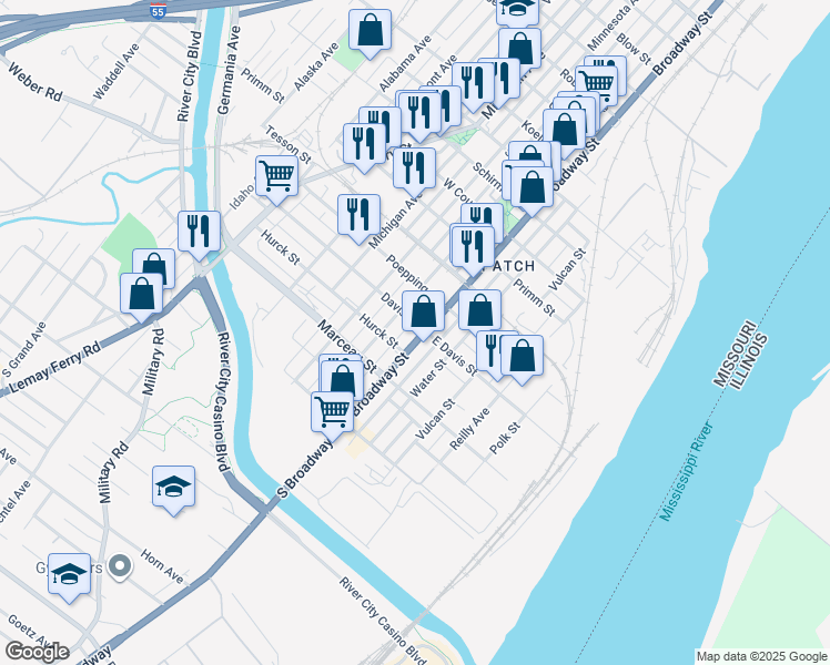map of restaurants, bars, coffee shops, grocery stores, and more near 8205 South Broadway in St. Louis