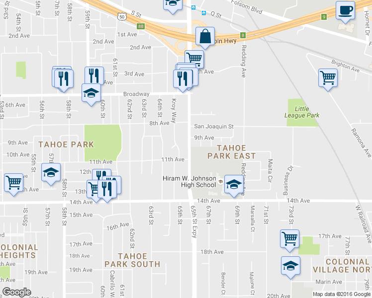 map of restaurants, bars, coffee shops, grocery stores, and more near 3540 65th Street in Sacramento