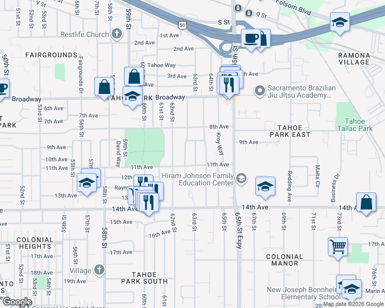 map of restaurants, bars, coffee shops, grocery stores, and more near 6351 11th Avenue in Sacramento