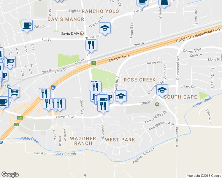 map of restaurants, bars, coffee shops, grocery stores, and more near 2320 Halsey Circle in Davis