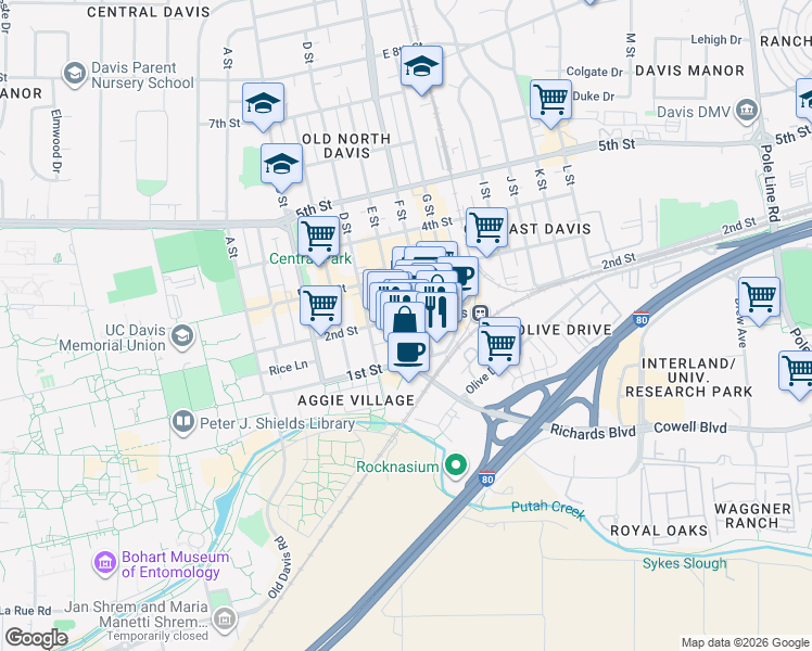 map of restaurants, bars, coffee shops, grocery stores, and more near in Yolo County