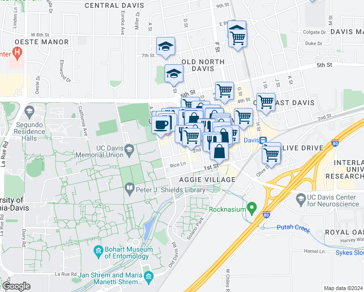 map of restaurants, bars, coffee shops, grocery stores, and more near 123 Lincoln Highway in Davis