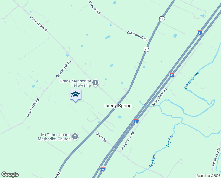 map of restaurants, bars, coffee shops, grocery stores, and more near Lacey Spring Road in Harrisonburg