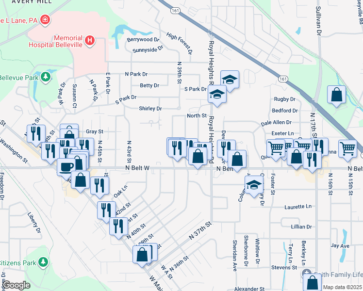map of restaurants, bars, coffee shops, grocery stores, and more near 624 North 39th Street in Belleville