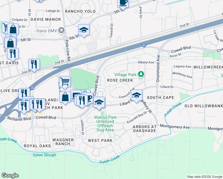 map of restaurants, bars, coffee shops, grocery stores, and more near 2614 Concord Avenue in Davis