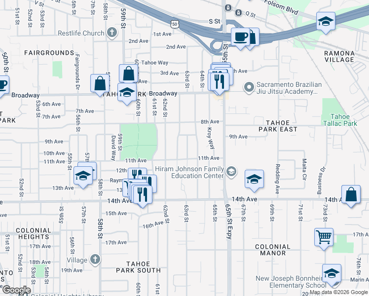 map of restaurants, bars, coffee shops, grocery stores, and more near 6351 11th Avenue in Sacramento
