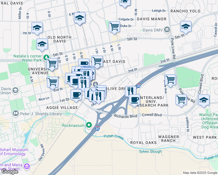 map of restaurants, bars, coffee shops, grocery stores, and more near 1165 Olive Drive in Davis