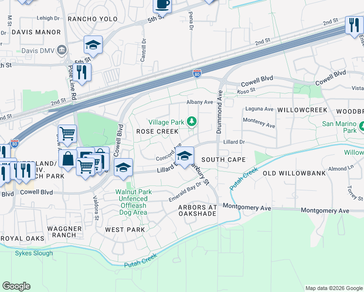 map of restaurants, bars, coffee shops, grocery stores, and more near 2909 Lillard Drive in Davis