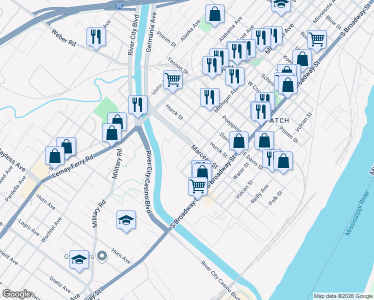 map of restaurants, bars, coffee shops, grocery stores, and more near 8425 Minnesota Avenue in St. Louis