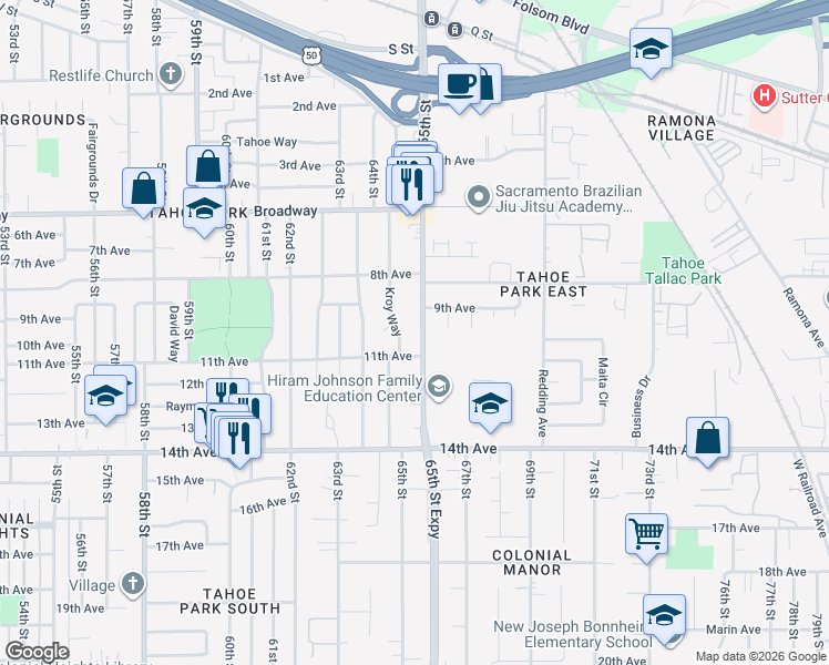 map of restaurants, bars, coffee shops, grocery stores, and more near 3540 65th Street in Sacramento