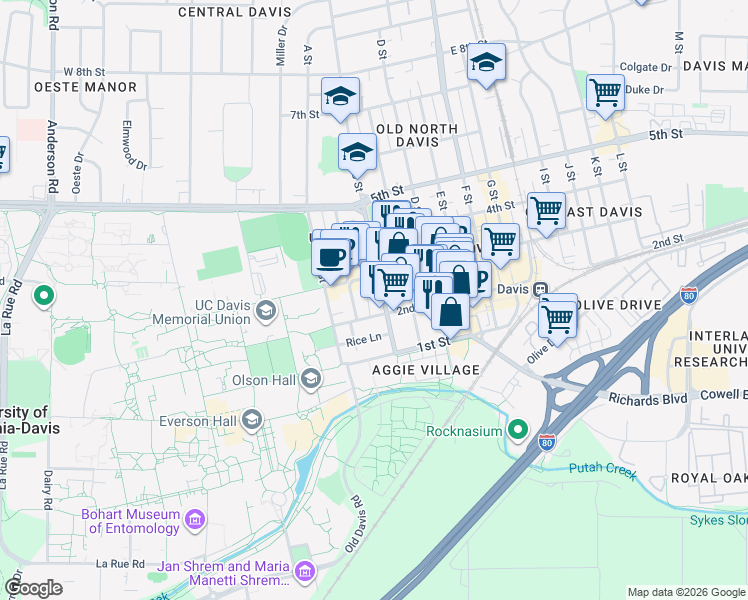 map of restaurants, bars, coffee shops, grocery stores, and more near 123 Lincoln Highway in Davis