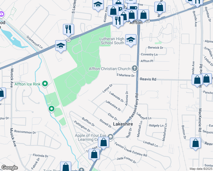 map of restaurants, bars, coffee shops, grocery stores, and more near 10080 Lakeside Drive in St. Louis