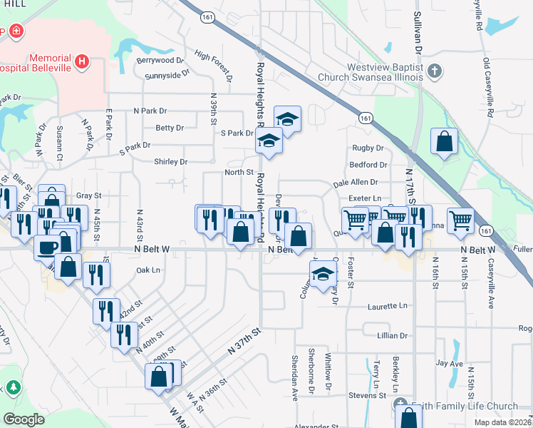 map of restaurants, bars, coffee shops, grocery stores, and more near 617 Devonshire Drive in Belleville