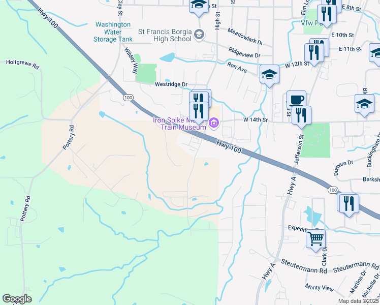map of restaurants, bars, coffee shops, grocery stores, and more near 6244 Missouri 100 in Washington