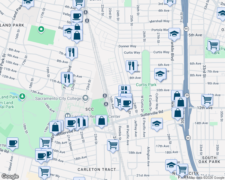 map of restaurants, bars, coffee shops, grocery stores, and more near 2315 10th Avenue in Sacramento