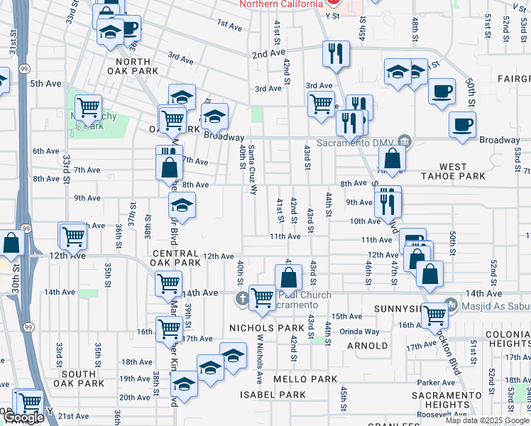 map of restaurants, bars, coffee shops, grocery stores, and more near 3420 San Jose Way in Sacramento