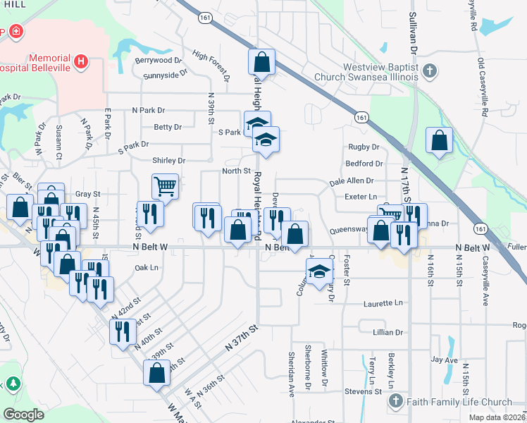 map of restaurants, bars, coffee shops, grocery stores, and more near 617 Devonshire Drive in Belleville