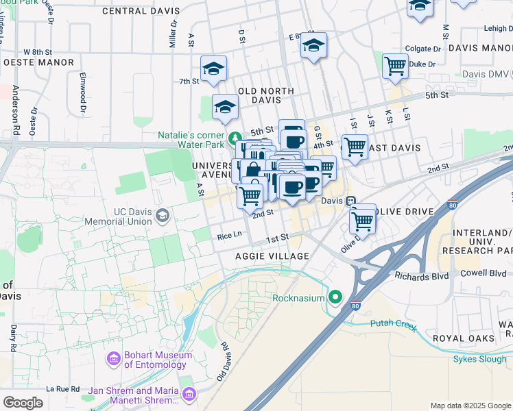 map of restaurants, bars, coffee shops, grocery stores, and more near 424 3rd Street in Davis