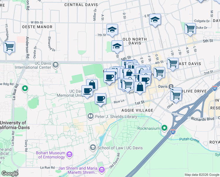 map of restaurants, bars, coffee shops, grocery stores, and more near 230 A Street in Davis