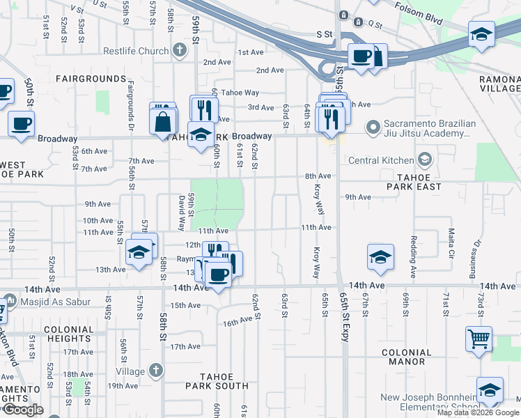 map of restaurants, bars, coffee shops, grocery stores, and more near 3357 62nd Street in Sacramento