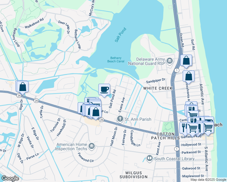 map of restaurants, bars, coffee shops, grocery stores, and more near 793 Salt Pond Circle in Bethany Beach