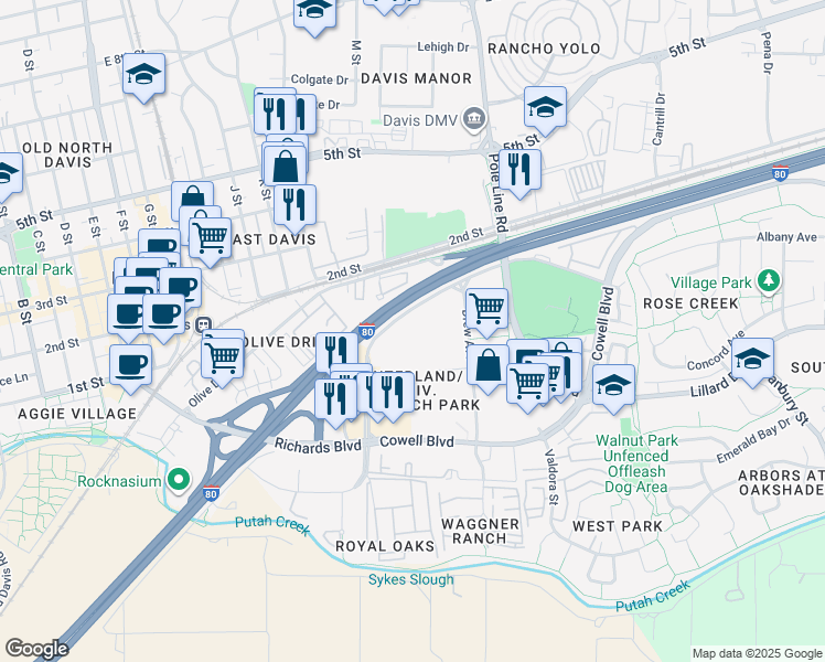 map of restaurants, bars, coffee shops, grocery stores, and more near 1850 Research Park Drive in Davis