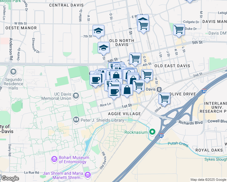 map of restaurants, bars, coffee shops, grocery stores, and more near 327 3rd Street in Davis