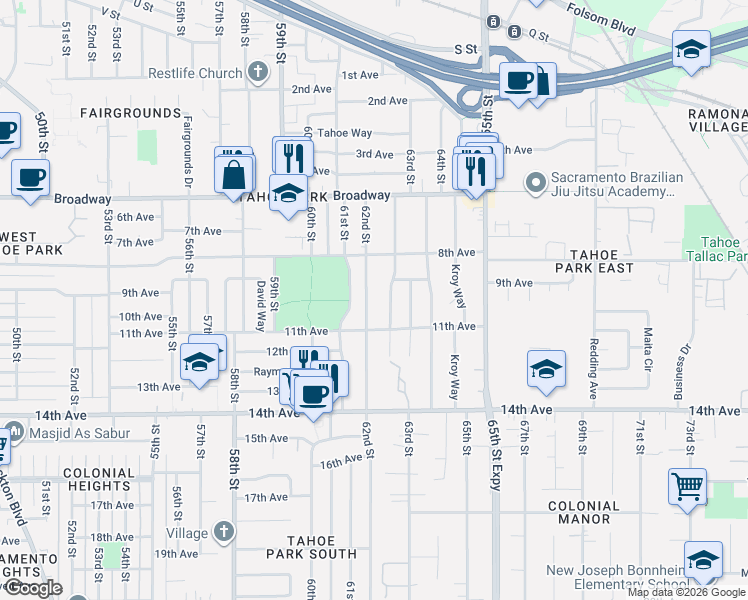 map of restaurants, bars, coffee shops, grocery stores, and more near 3357 62nd Street in Sacramento