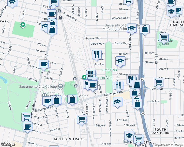 map of restaurants, bars, coffee shops, grocery stores, and more near 3340 24th Street in Sacramento