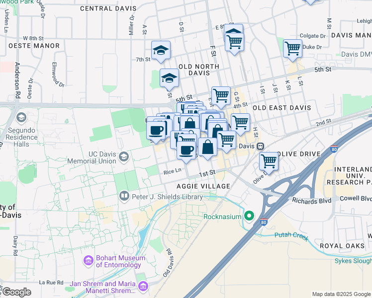 map of restaurants, bars, coffee shops, grocery stores, and more near 327 3rd Street in Davis