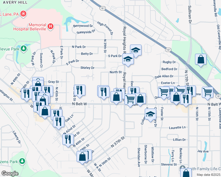 map of restaurants, bars, coffee shops, grocery stores, and more near 647 North 39th Street in Belleville