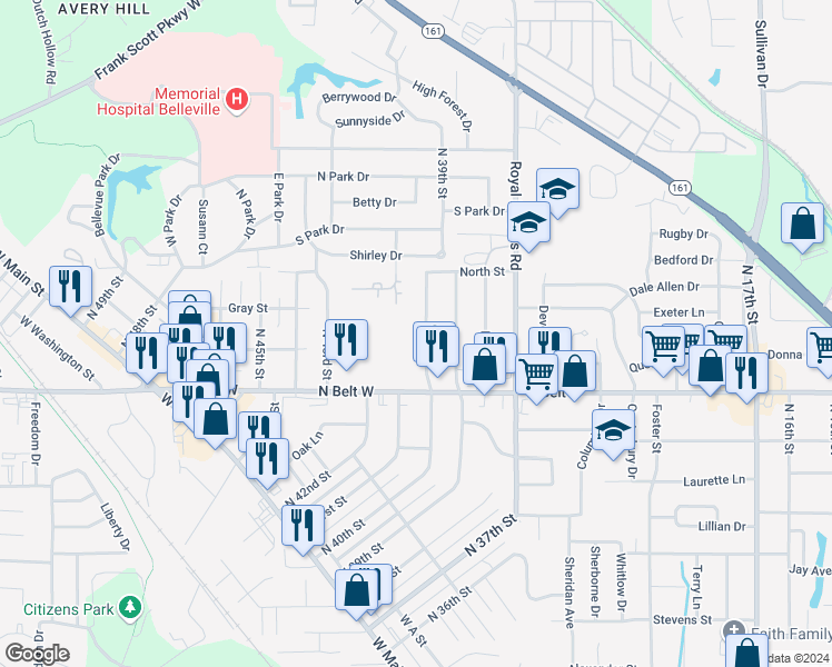 map of restaurants, bars, coffee shops, grocery stores, and more near 543 North 40th Street in Belleville