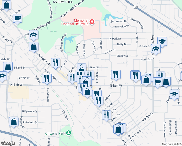 map of restaurants, bars, coffee shops, grocery stores, and more near 230 North 46th Street in Belleville