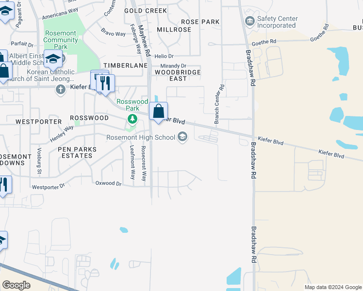 map of restaurants, bars, coffee shops, grocery stores, and more near 9594 Kiefer Boulevard in Sacramento