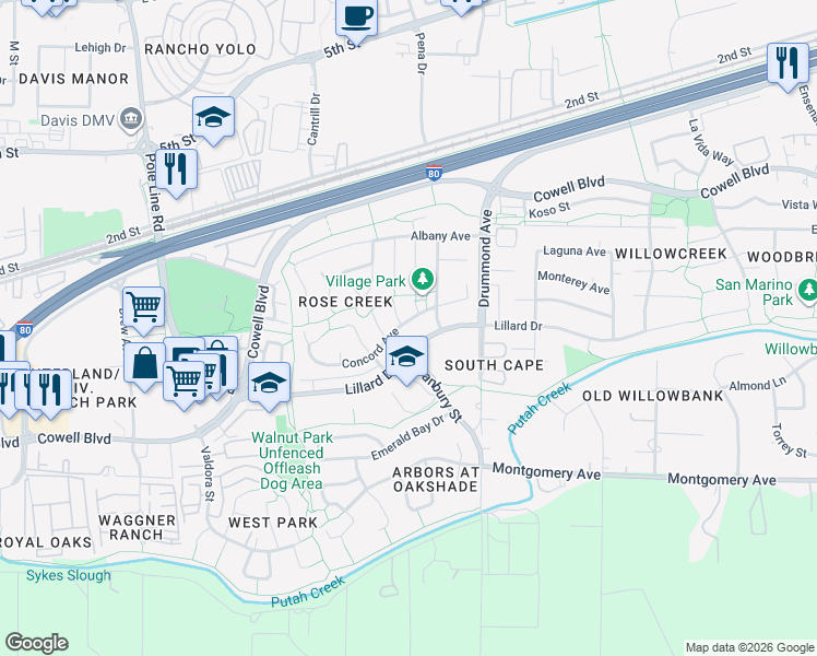 map of restaurants, bars, coffee shops, grocery stores, and more near 915 Bliss Court in Davis