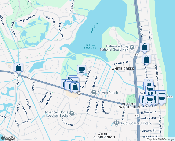 map of restaurants, bars, coffee shops, grocery stores, and more near 793 Salt Pond Circle in Bethany Beach