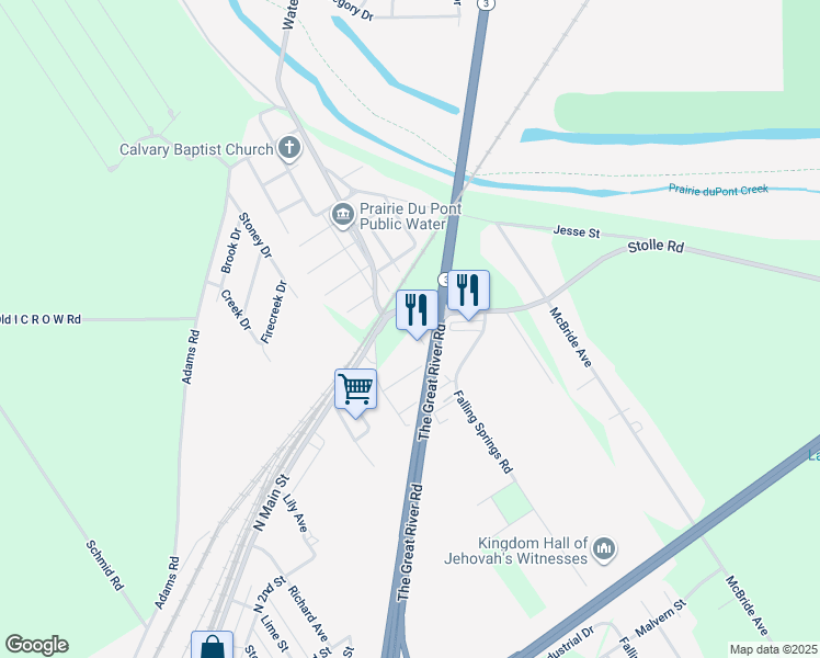map of restaurants, bars, coffee shops, grocery stores, and more near 503 Wil Road in Dupo