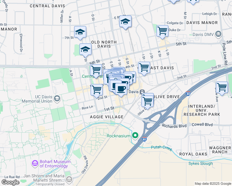 map of restaurants, bars, coffee shops, grocery stores, and more near 227 E Street in Davis
