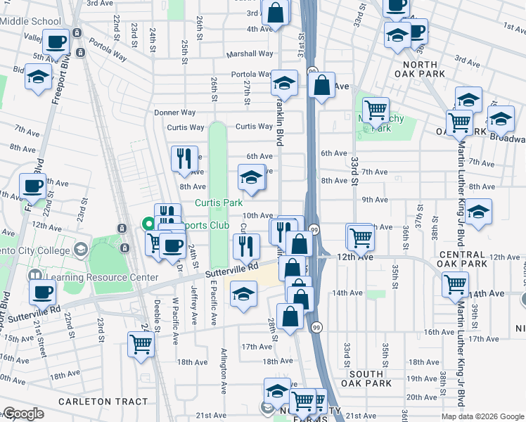 map of restaurants, bars, coffee shops, grocery stores, and more near 3349 Cutter Way in Sacramento