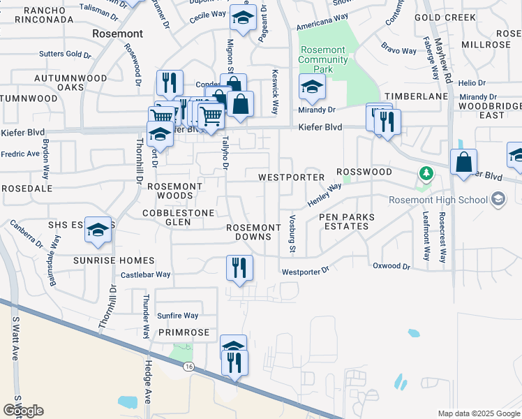 map of restaurants, bars, coffee shops, grocery stores, and more near 3928 Ashgrove Way in Sacramento