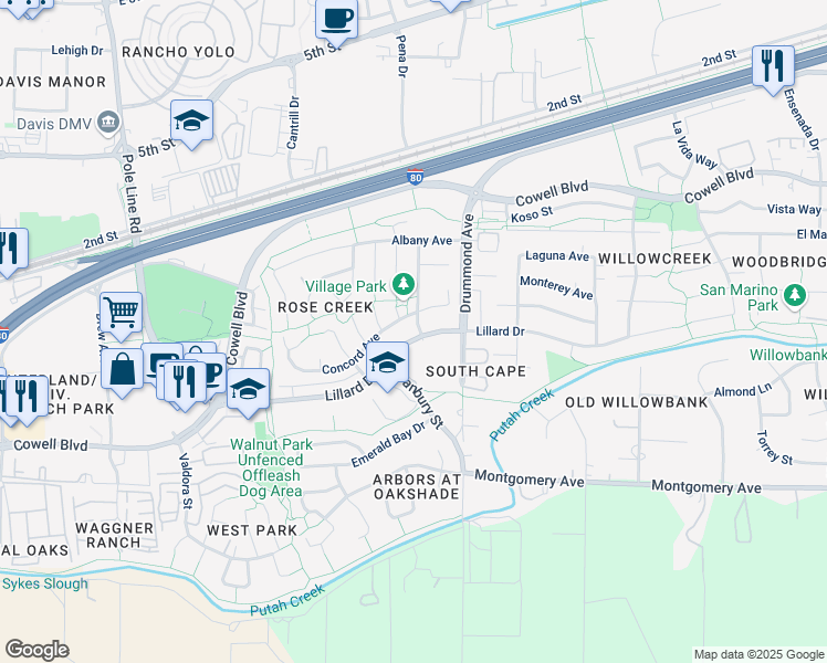 map of restaurants, bars, coffee shops, grocery stores, and more near 915 Bliss Court in Davis
