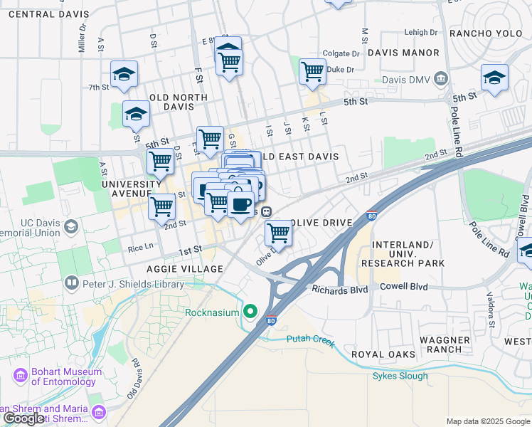 map of restaurants, bars, coffee shops, grocery stores, and more near 200 G Street in Davis