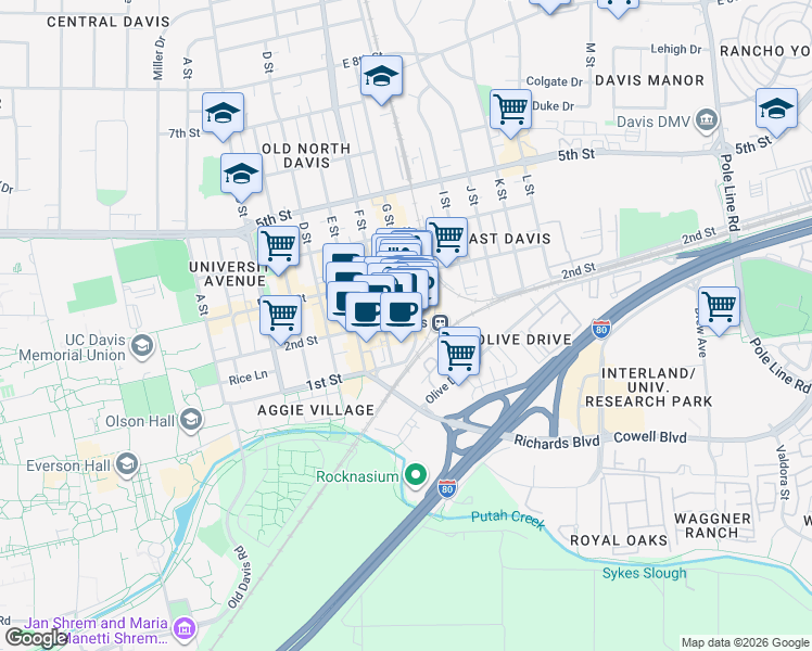 map of restaurants, bars, coffee shops, grocery stores, and more near 200 G Street in Davis