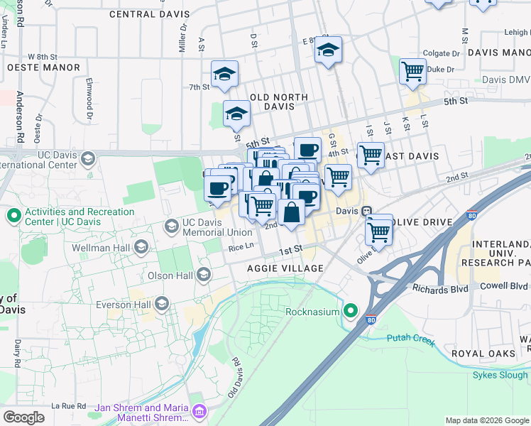 map of restaurants, bars, coffee shops, grocery stores, and more near 327 3rd Street in Davis