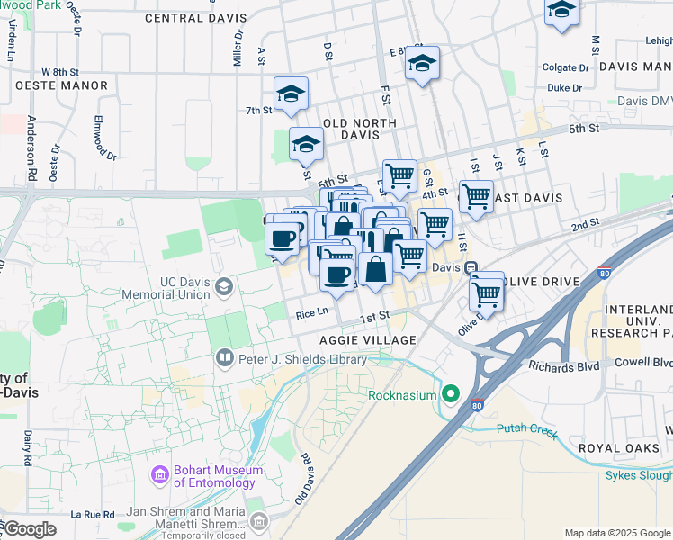 map of restaurants, bars, coffee shops, grocery stores, and more near 327 3rd Street in Davis