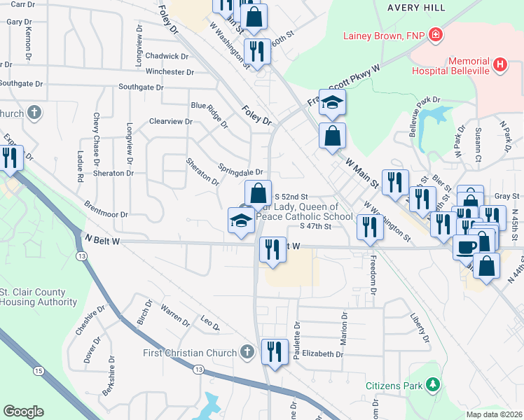 map of restaurants, bars, coffee shops, grocery stores, and more near 2402 Frank Scott Parkway West in Belleville