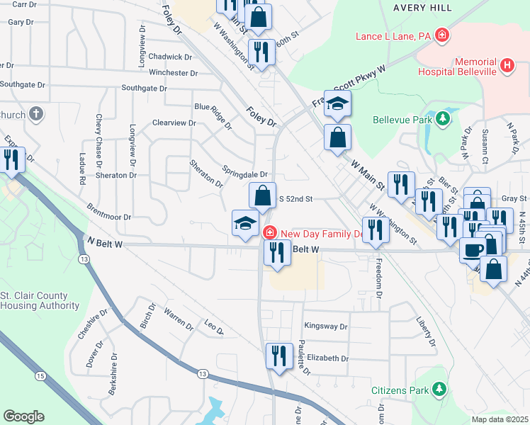 map of restaurants, bars, coffee shops, grocery stores, and more near 2402 Frank Scott Parkway West in Belleville