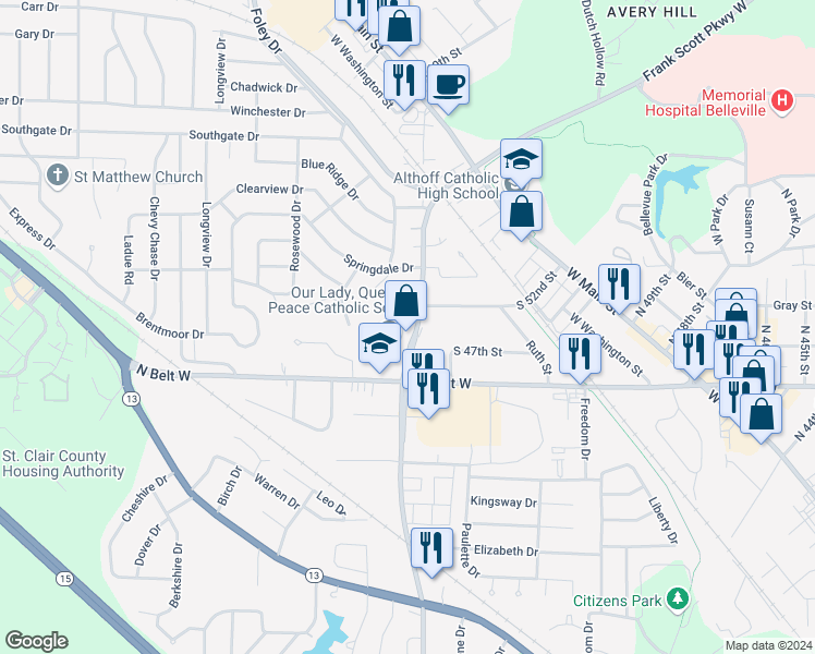 map of restaurants, bars, coffee shops, grocery stores, and more near 2402 Frank Scott Parkway West in Belleville