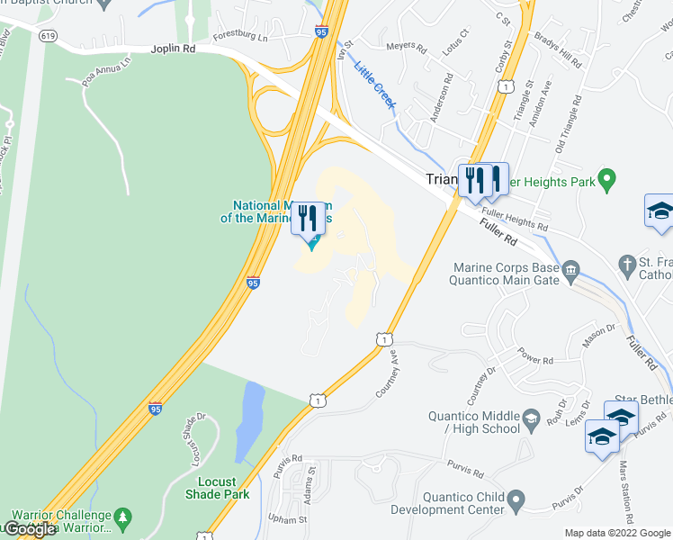 map of restaurants, bars, coffee shops, grocery stores, and more near 18900 Jefferson Davis Highway in Triangle